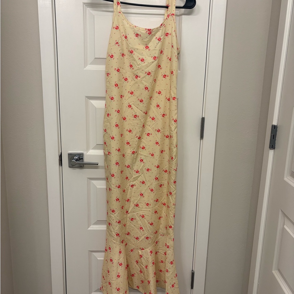 Cream Floral Slip Maxi Dress with Pink Roses